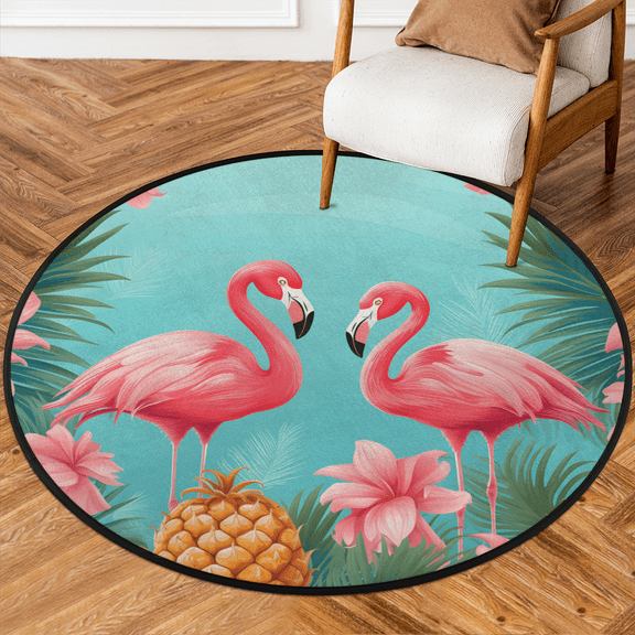 CURLYOOT Round Rug 3ft Flamingos Tropical Leaves Area Rug, Washable Circle Mat Non Slip Floor Carpet Mat, Soft Indoor Rugs for Entryway Living Room Dining Room Bedroom