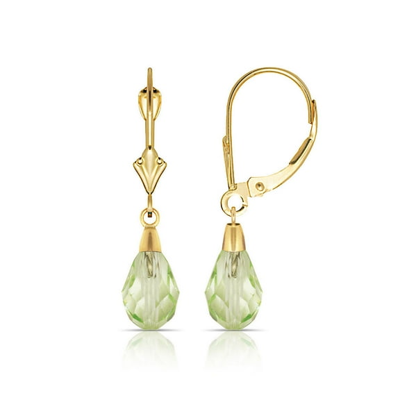 14k Yellow Gold Tear-Crystal Leverback Earrings (6mm X 28mm) (17 Colors) (lime-green/Yellow Gold) Stud Earring for Women