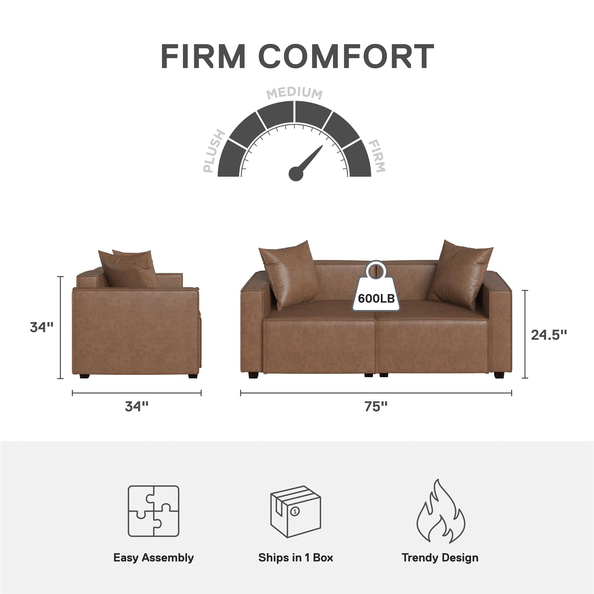 Mainstays Wynnewood 75" Low Profile Faux Leather Sofa Couch with 2 Throw Cushions, Brown
