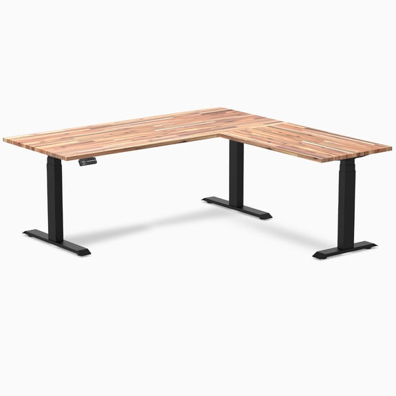 Desky Softwood L-Shape Sit Stand Desk - Acacia / 72 X 30 X 70 X 24 Inches / Matte Black