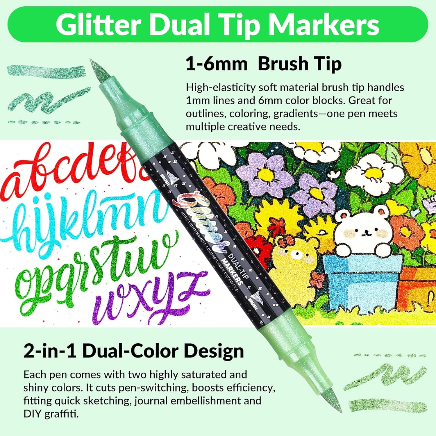 Glitter Effect Brush Marker Set, Dual Tip Pens with Metallic Sparkle for Drawing, Card Making, DIY Crafts & Adult Coloring Books