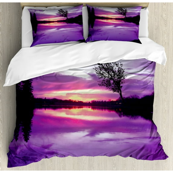 Landscape Duvet Cover Set Queen Size, Abstract Composition with Purple Shade Skies and Tree Silhouettes, Decorative 3 Piece Bedding Set with 2 Pillow Shams, Lavender Black Pale Yellow, by Ambesonne