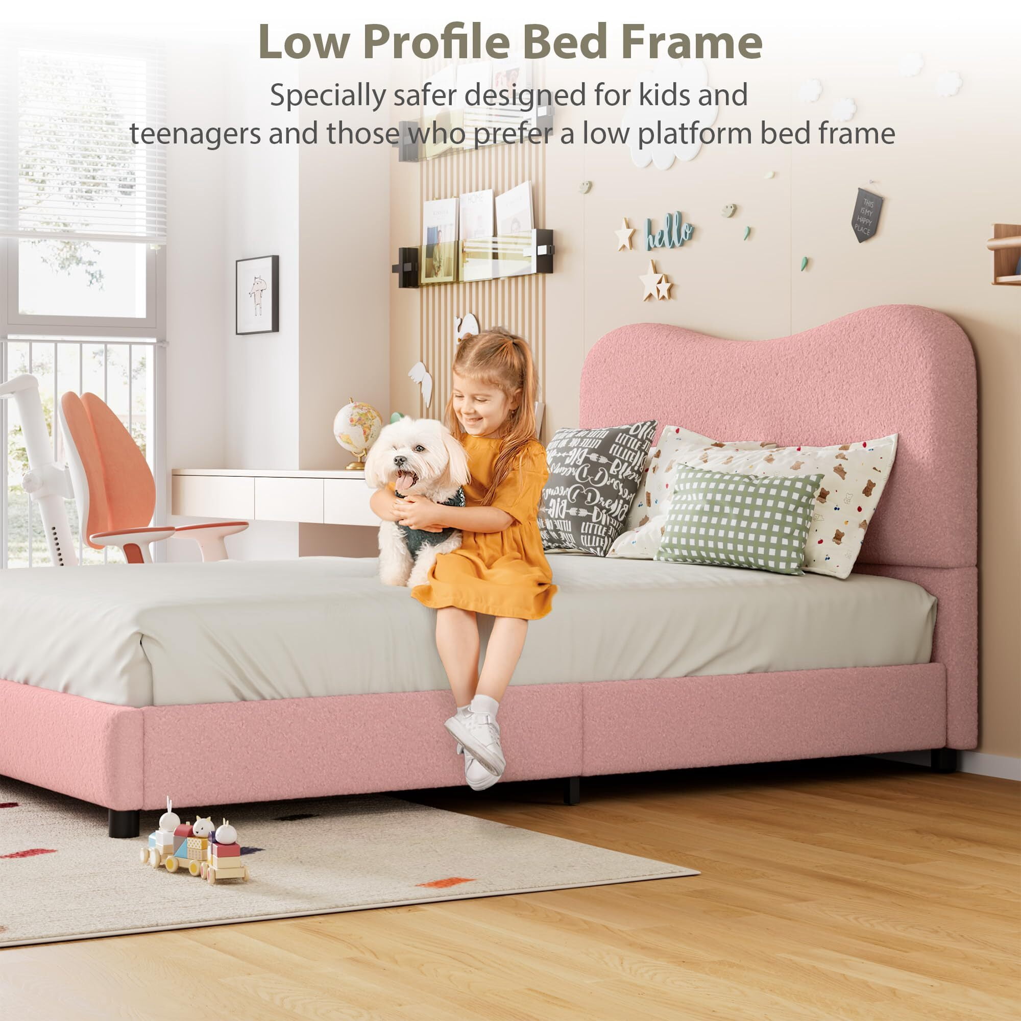 Jojoka Modern Queen Bed Frame Upholstered in Soft Boucle Fabric, Sturdy Wooden Slats, No Gap Headboard, Easy Assembly, No Box Spring Needed, Pink