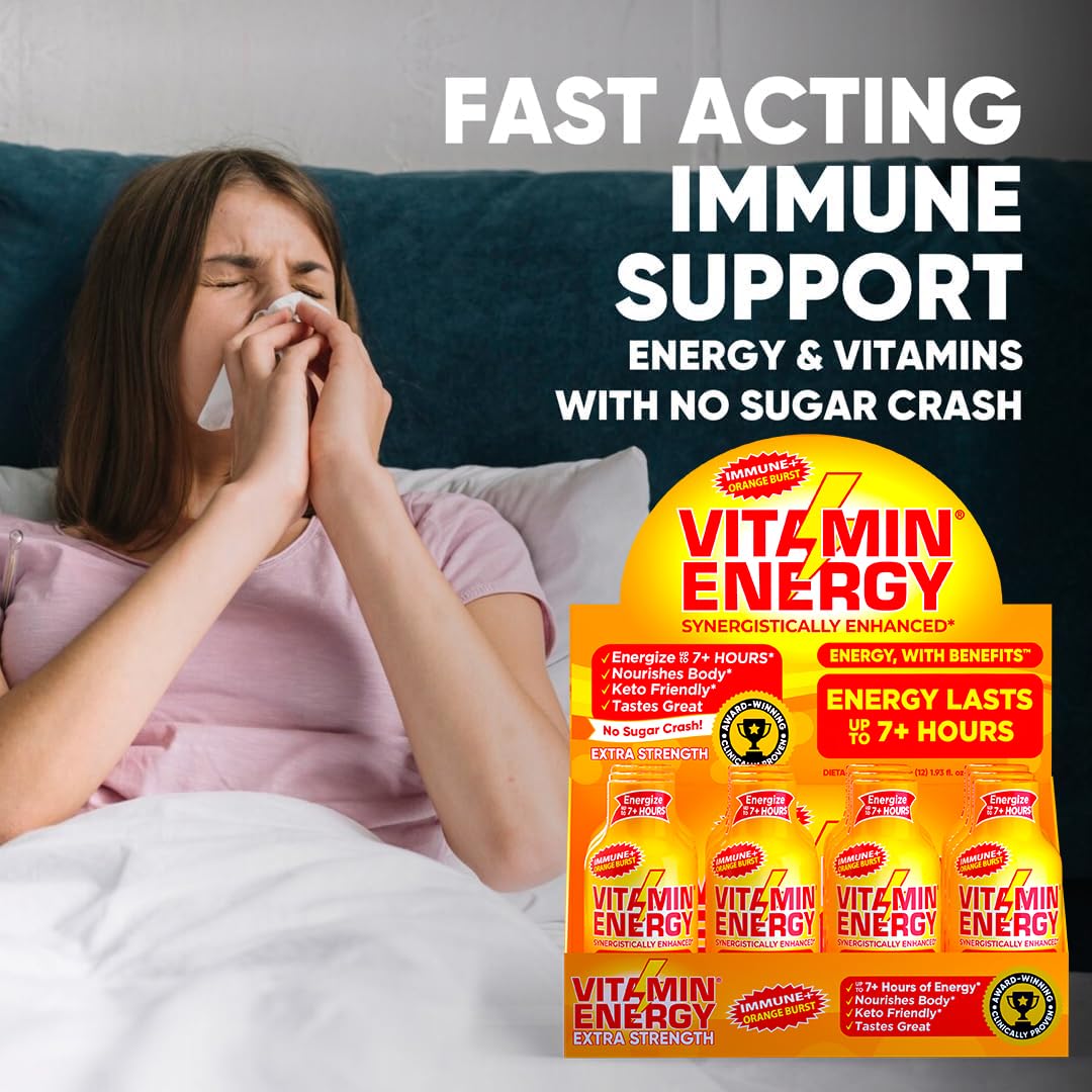 Vitamin Energy Immune+ Extra Strength Shot, Orange Burst, 48 Pack – 260mg Natural Caffeine, B-Vitamins & Citicoline, Zero Sugar, 1.93 fl oz