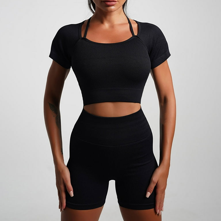 Women Gym Clothes Sports Set Black Short Sleeves Top and full