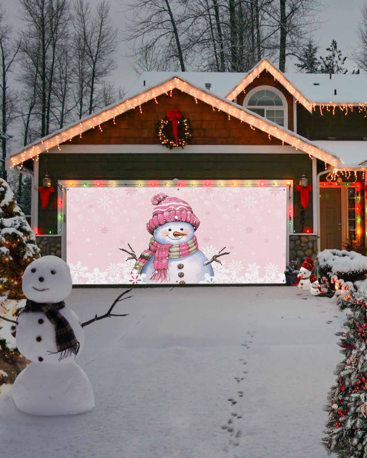Garage Door Banner Cover 6 x 13 ft, Pink Christmas Snowman with Cap Xmas Tree Snowflake Christmas Garage Door Decorations Holiday Christmas Backdrop Decor for Winter New Year Xmas Party