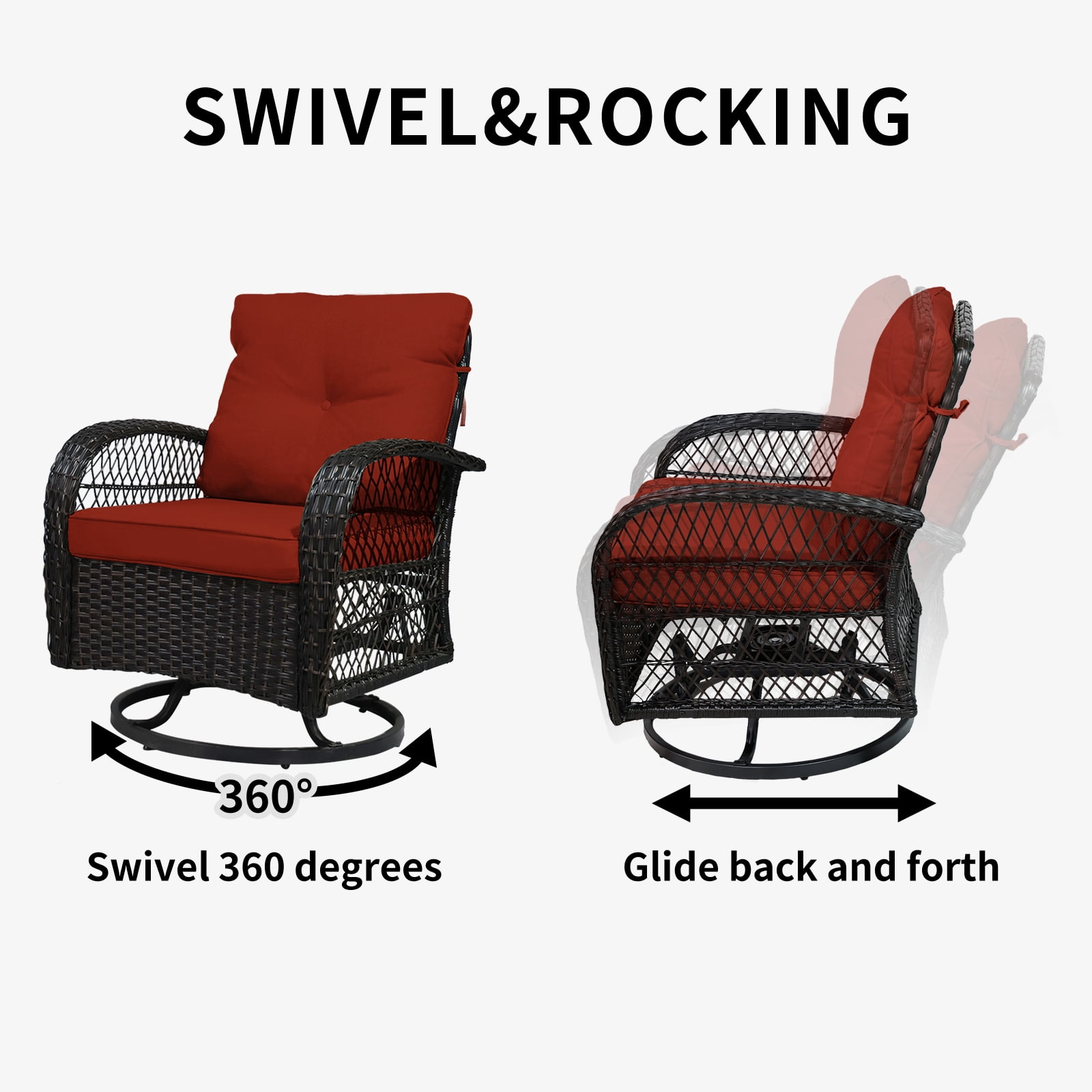 SHGJ&SOFT 3-Piece Patio Conversation Set with Thick Cushions and Glass Table, Modern PE Rattan Outdoor Furniture for Deck, Porch or Garden (Red)