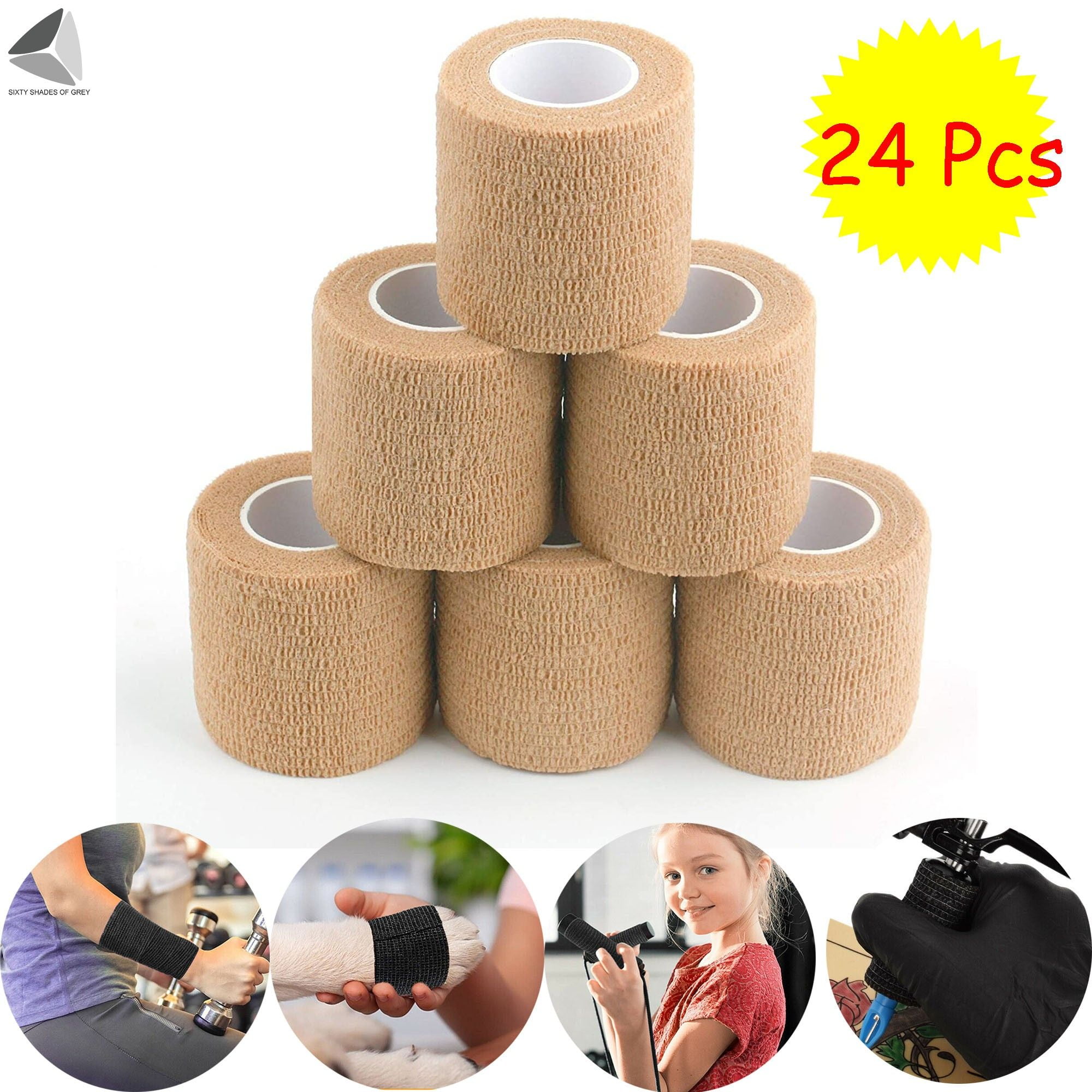 Sixtyshades 24 Rolls Self Adhesive Bandage Wrap Breathable Non-Woven Athletic Tape for Sports Ankle Wrist Hand (Skin)
