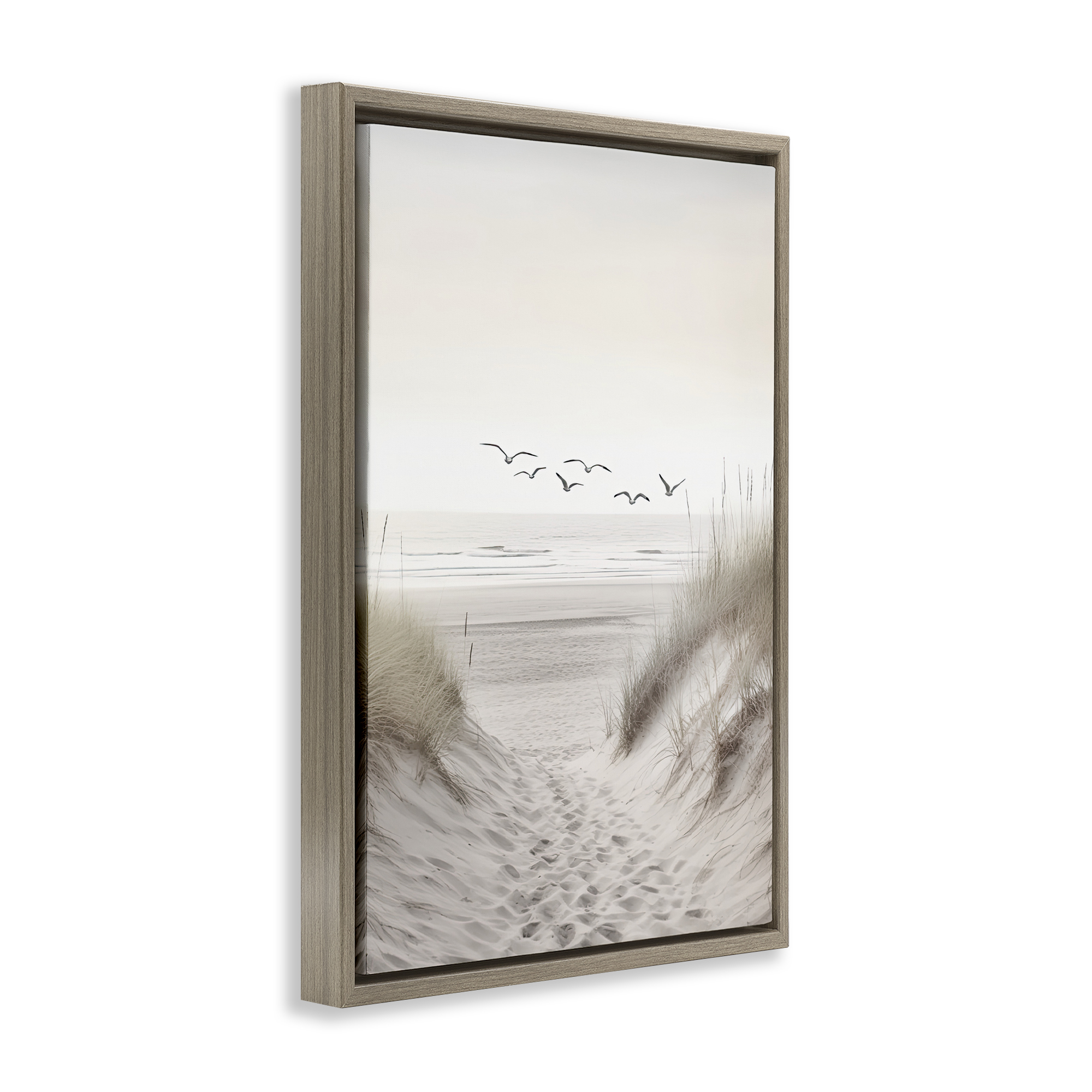 Seagulls over Sandy Footprints Brown Framed Floater Canvas Wall Art, design by Decent Exposures