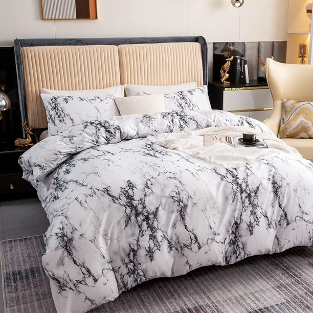 Marble Duvet Cover King Size, Black, White and Grey Marble Bedding Set