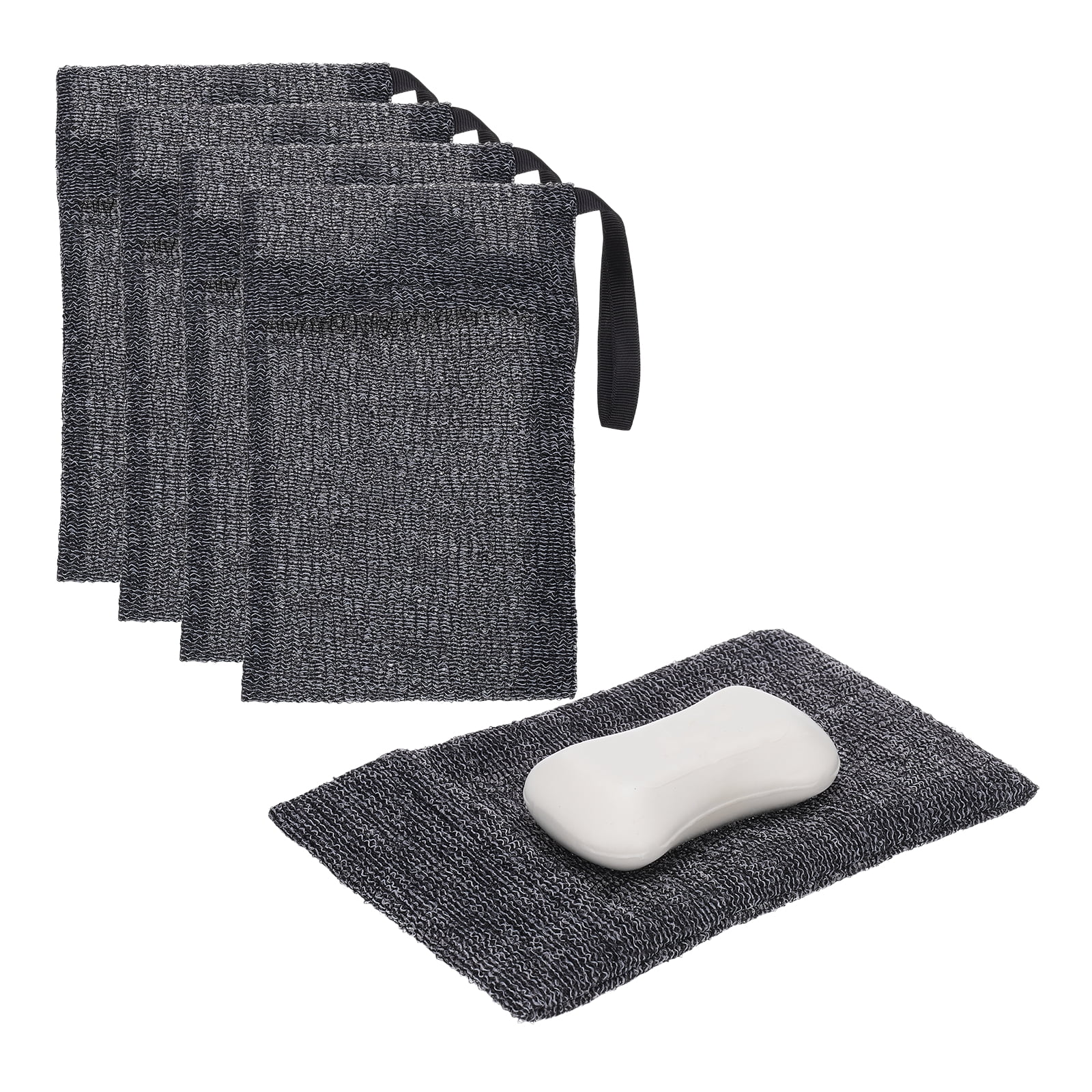 Uxcell Loofah Soap Pouch, 4 Pcs Bar Soap Saver Bag with Black Handle Nylon Body Scrubber Pouch Exfoliating Net for Body Shower Foaming Travel Camping, Grey