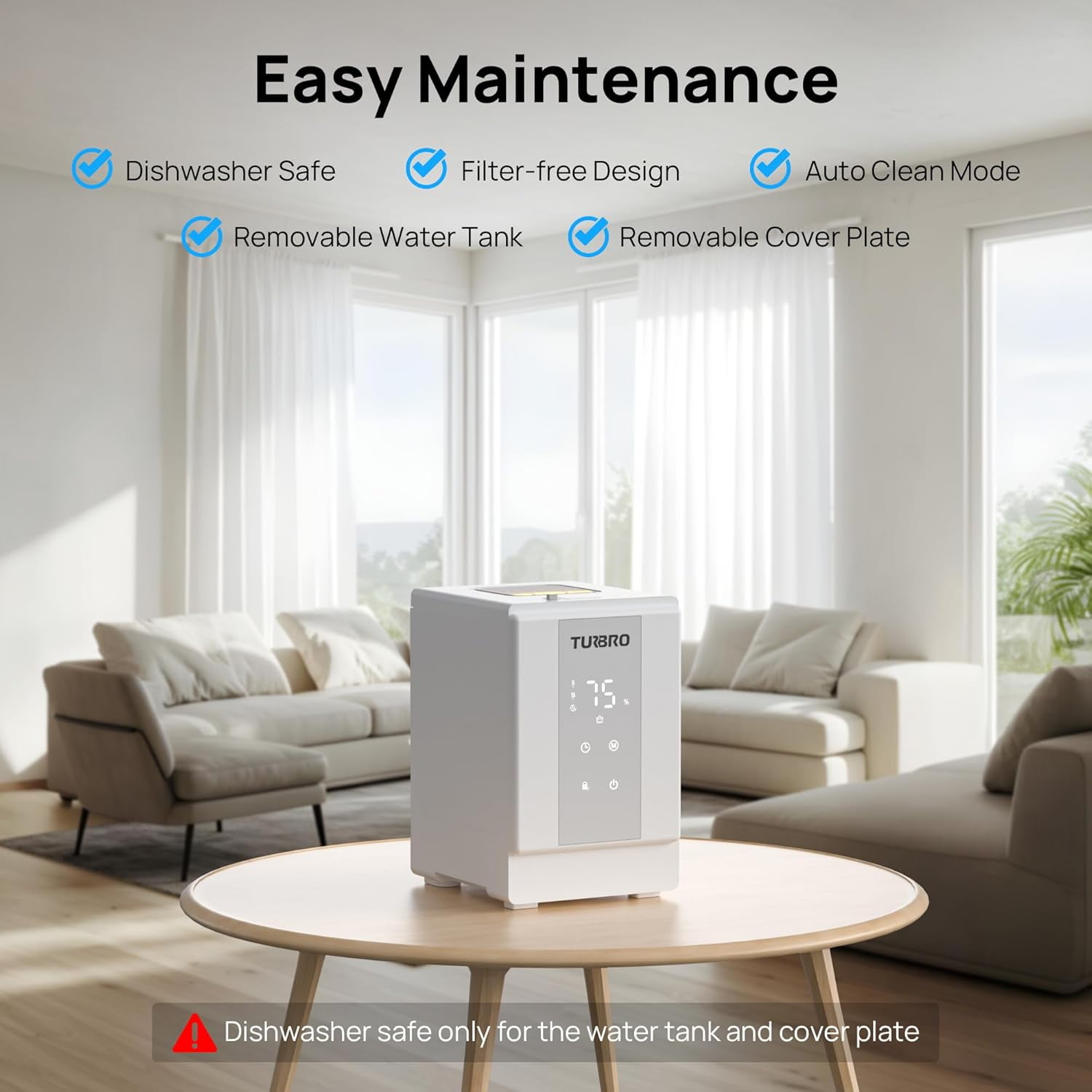 TURBRO 4L/1Gal 304 Stainless Steel Steam Humidifier, Warm Mist Humidifier for Bedroom Baby Nursery, 500 mL/h Output, Dishwasher Safe, Easy to Clean, 2 Misting Levels with Sleep Mode 1-12h Timer