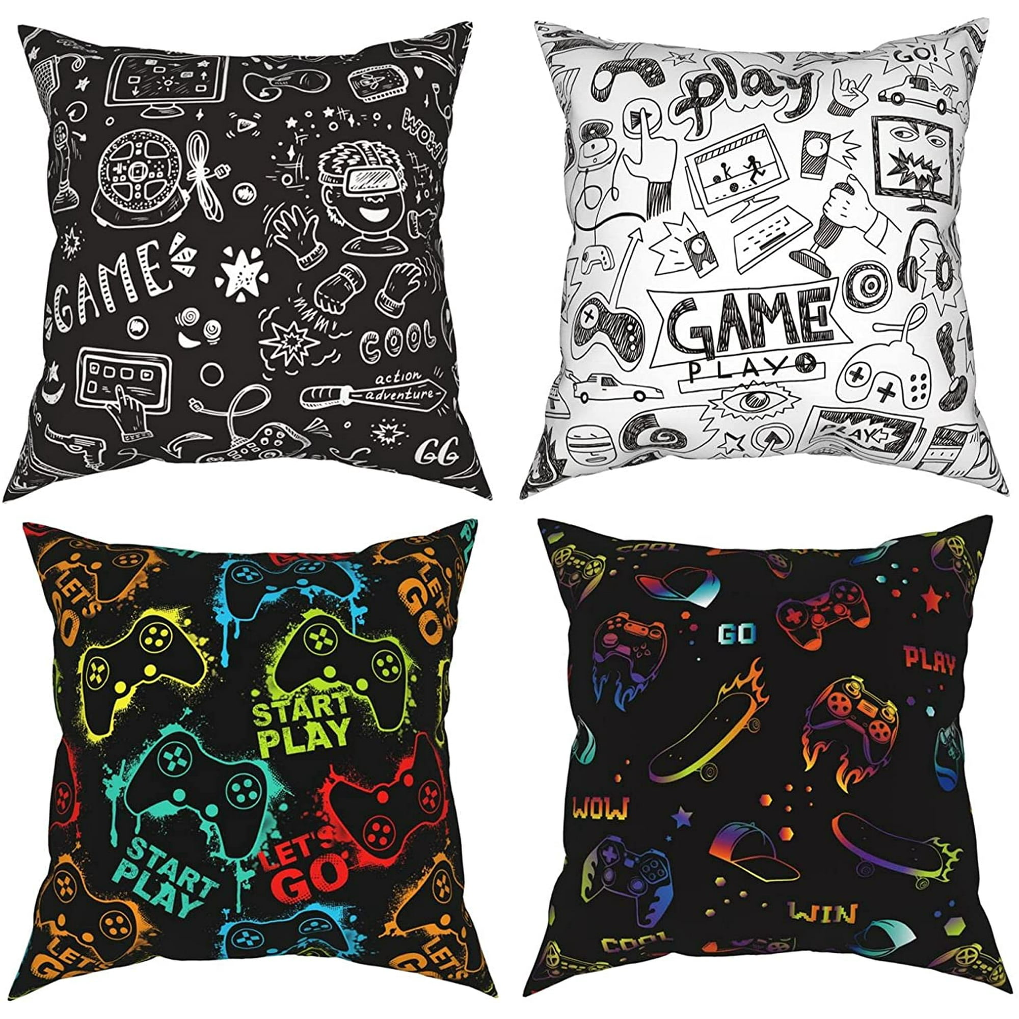 Htooq Gamer Square Throw Pillow Case 18x18 Pillow Cover Set Of 4 Video Game Decorative Cushion Home Sofa Chair Car Black White Pillow Case For Boys Be