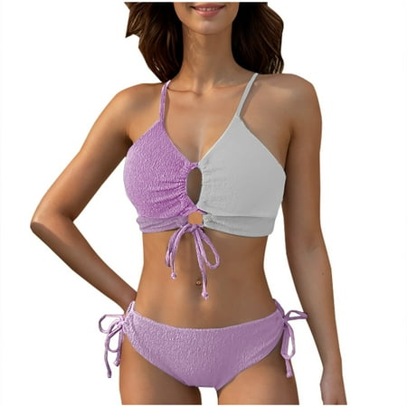 RYDCOT Women s Bikini Sets Two Piece Swimsuit Color Block Drawstring 2 Piece Bathing Suit Tie Side Swimsuit 2025 Summer Beachwear Today Deals
