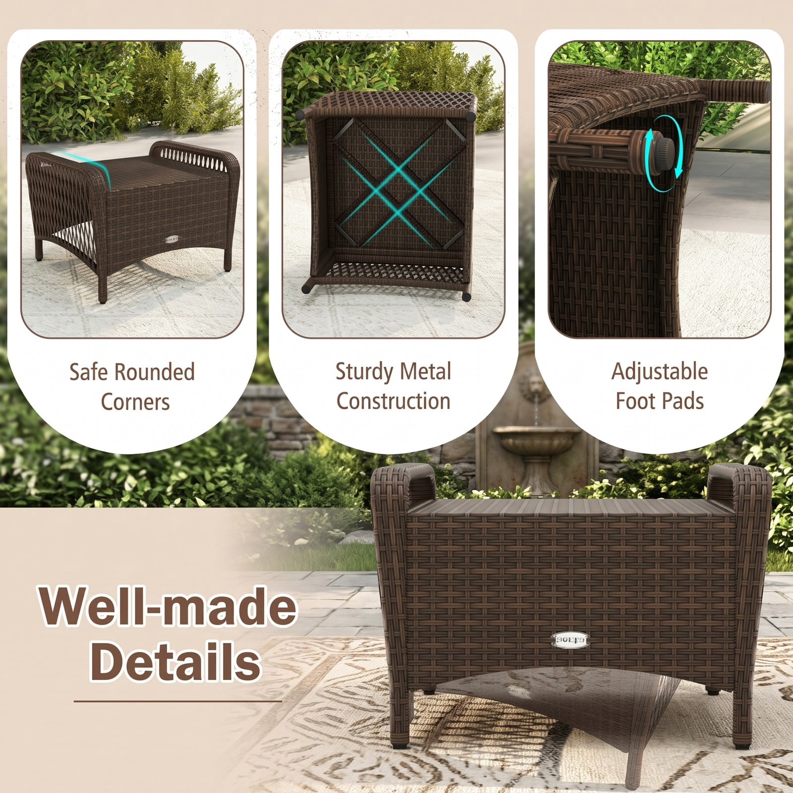 Furnibear Set of 2 Outdoor Patio PE Wicker Ottomans with Removable Cushions, Hand-Woven Rattan Footrest Extra Seat Coffee Table for Garden Porch Backyard, 400, Black