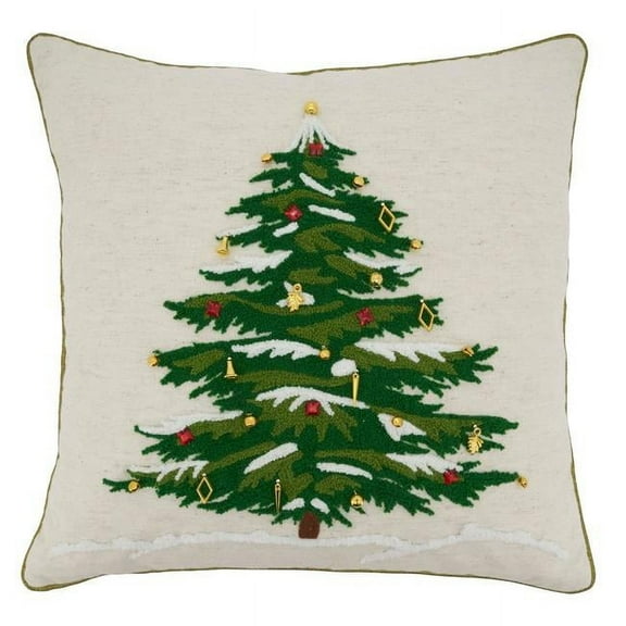 SARO 9159.N18SP 18 in. Square Natural Embroidered Christmas Tree Design Poly-Filled Throw Pillow