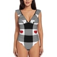 thumbnail image 2 of Yiaed Heart Black Buffalo Plaid Gingham Print Women's Ruffled One Piece Swimsuit V Neck Swimwear Slimming Monokini for Woman-Small, 2 of 8