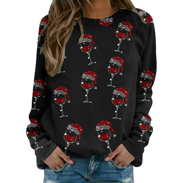 toraway Chandails en Molleton pour Femmes avec Capuche Imprimé Joyeux Noël Col Rond Chandail Décontracté Manches Longues Blouse Ample L