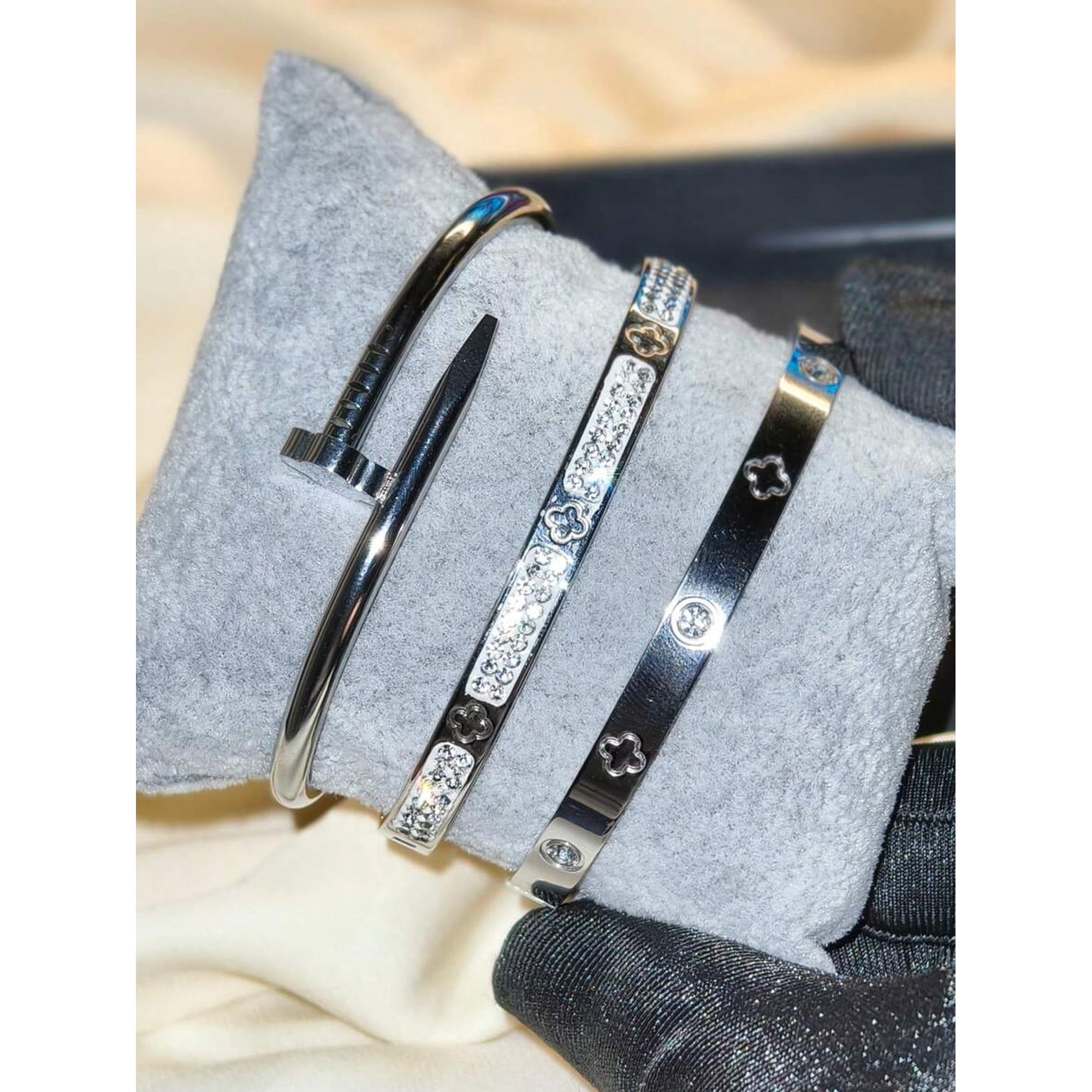 Silver-4 Stainless Steel Rhinestone Clover & Nail Bangle Bracelet Set Of 4
