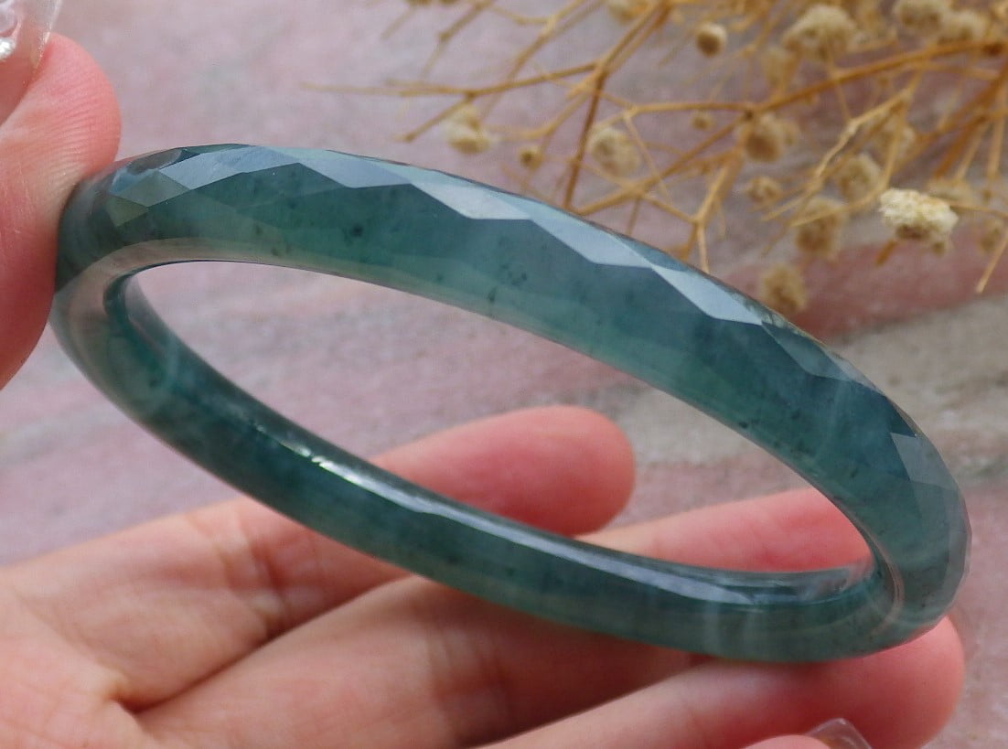 Green Natural A JADE Jadeite Dia Cut Circle Bangle Bracelet 58 mm 682712 TN