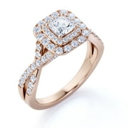 Elegant 1 Carat - Square Cut Moissanite - Twisted Band - Pave - Double Halo Engagement Ring - 18K Rose Gold over Silver