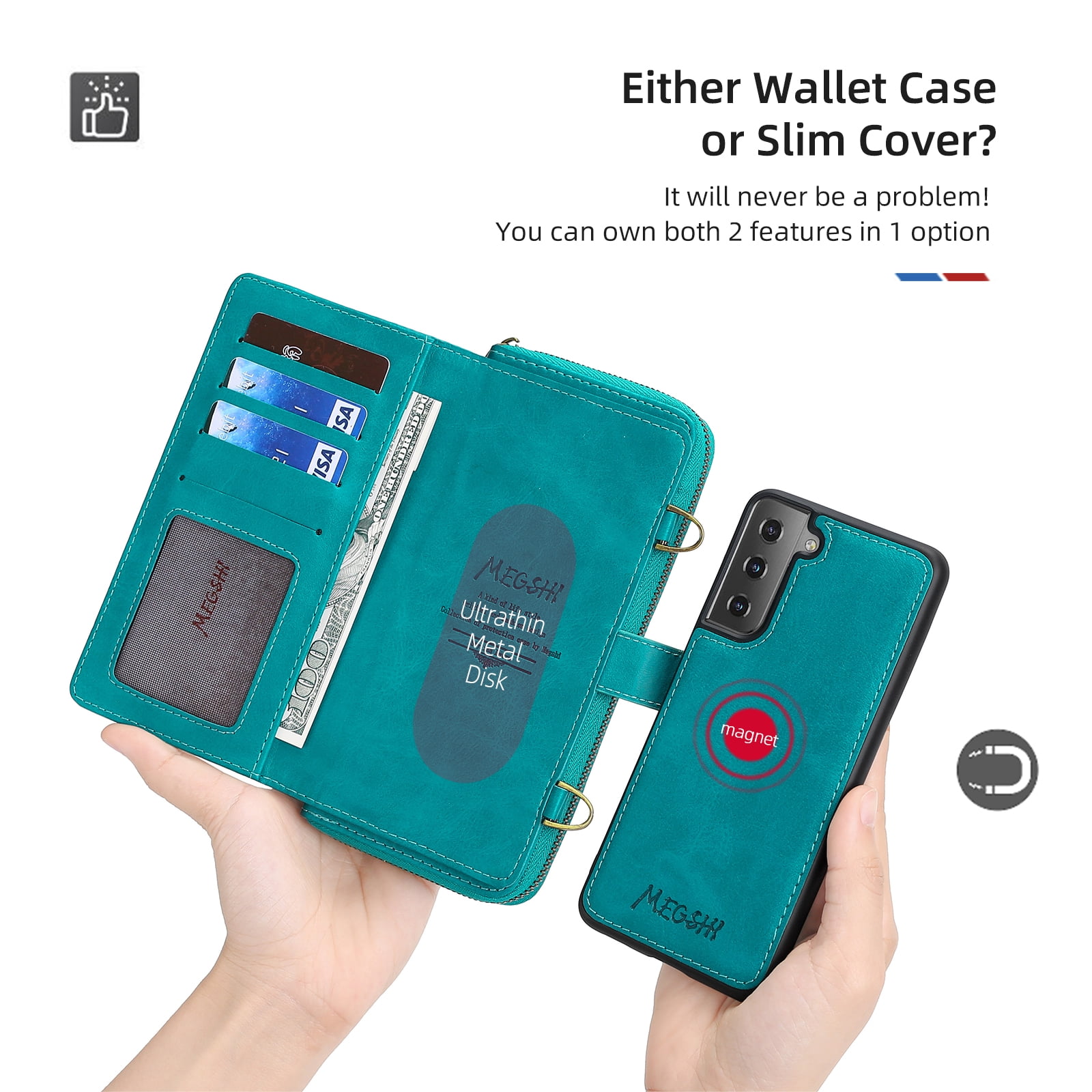 Galaxy S22 Wallet Case Premium Leather Flip Zipper Detachable Magnet Wallet Stand Card Holder Case with Crossbody Lanyard Strap Zipper Pocket Cover for Samsung Galaxy S22 6.1 inch 2022,Blue
