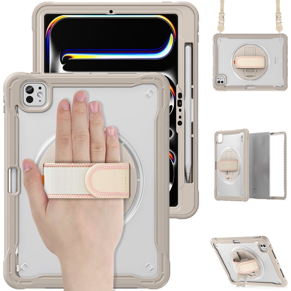 ELEHOLD Shockproof Case for iPad Pro 11" 2024 M4, Heavy Duty Protective Cover with Built-in Screen Protector, 360° Rotatable Hand Strap and Shoulder Strap, Khaki