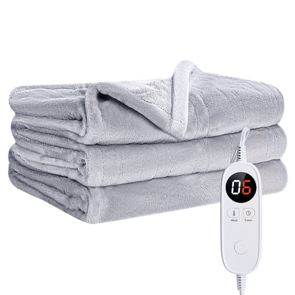 ZRIANG Heated Throw Blanket, 50"x60", Dual-Sided Flannel & Sherpa, 9 Heat Settings, 2-10 Hour Auto Shut-off, Machine Washable Electric Blanket for Couch & Bed, Light Gray