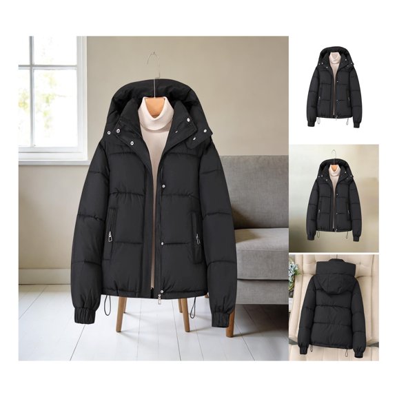 Neewe Women's Plain Polyester Long Sleeve Hooded Quilted Puffer Jacket with Zip Front and Pockets for Winter Casual Wear