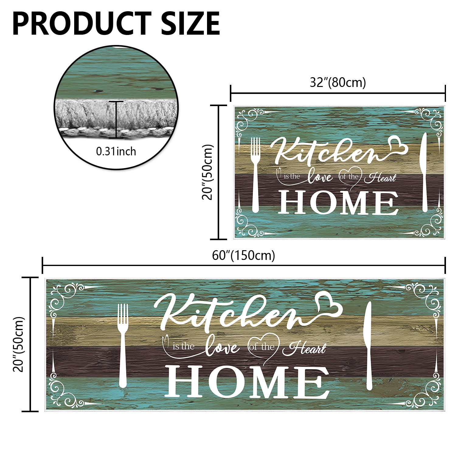 2 Pieces Rug Set, Non-Slip Mats Soft Kitchen Area Rugs, Suitable for Kitchens, Laundry Rooms, and Hallways (Teal, 20" x 32" + 20"x 48")