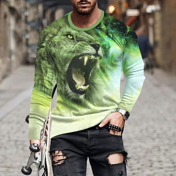 Yaoyar Men's T-Shirt Novelty Long Sleeve Tops 3D Lion Graphic Print Pullover Blouses Casual Round Neck Leisure Holiday Tees,Green,4XL