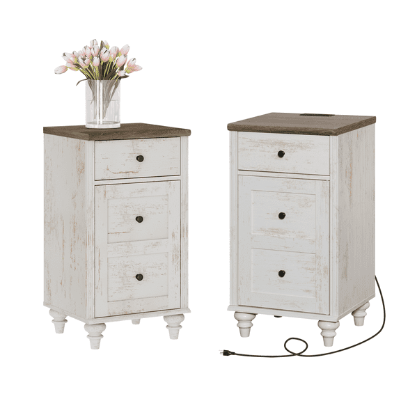 Set of 2 Nightstands with Charging Station, End Table featuring Power Outlets & USB Ports, Modern Side Table having Drawer and Storage Cabinet for Bedroom, Rustic White