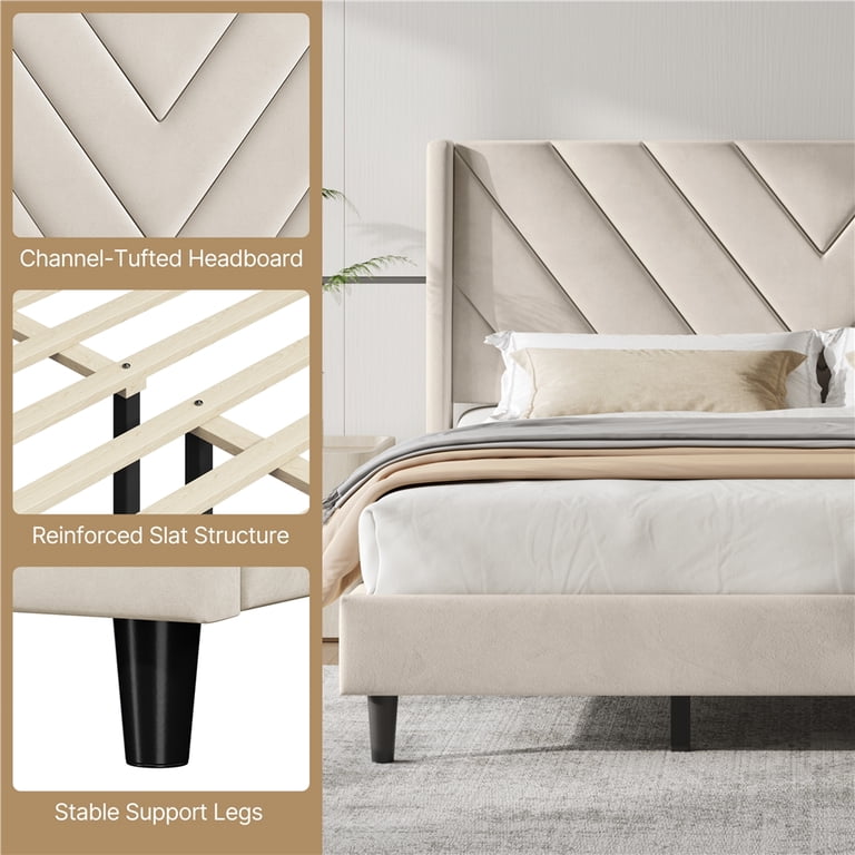 Yaheetech King Upholstered Platform Bed, Beige photo 5