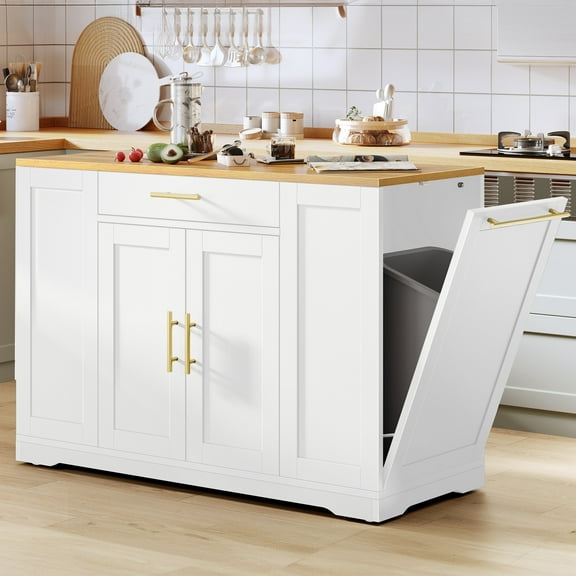 Dextrus Rolling Kitchen Island Cart with Drawers and Trash Can Storage Cabinet, Kitchen Island Storage Cabinet with Wheels for 13 Gallon Trash Bin, White