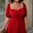 thumbnail image 3 of AURA Plus Size Womens Red V Neck High Waist Midi Dress Short Sleeve Ruched A Line Knitted Commuter Summer, 3 of 5