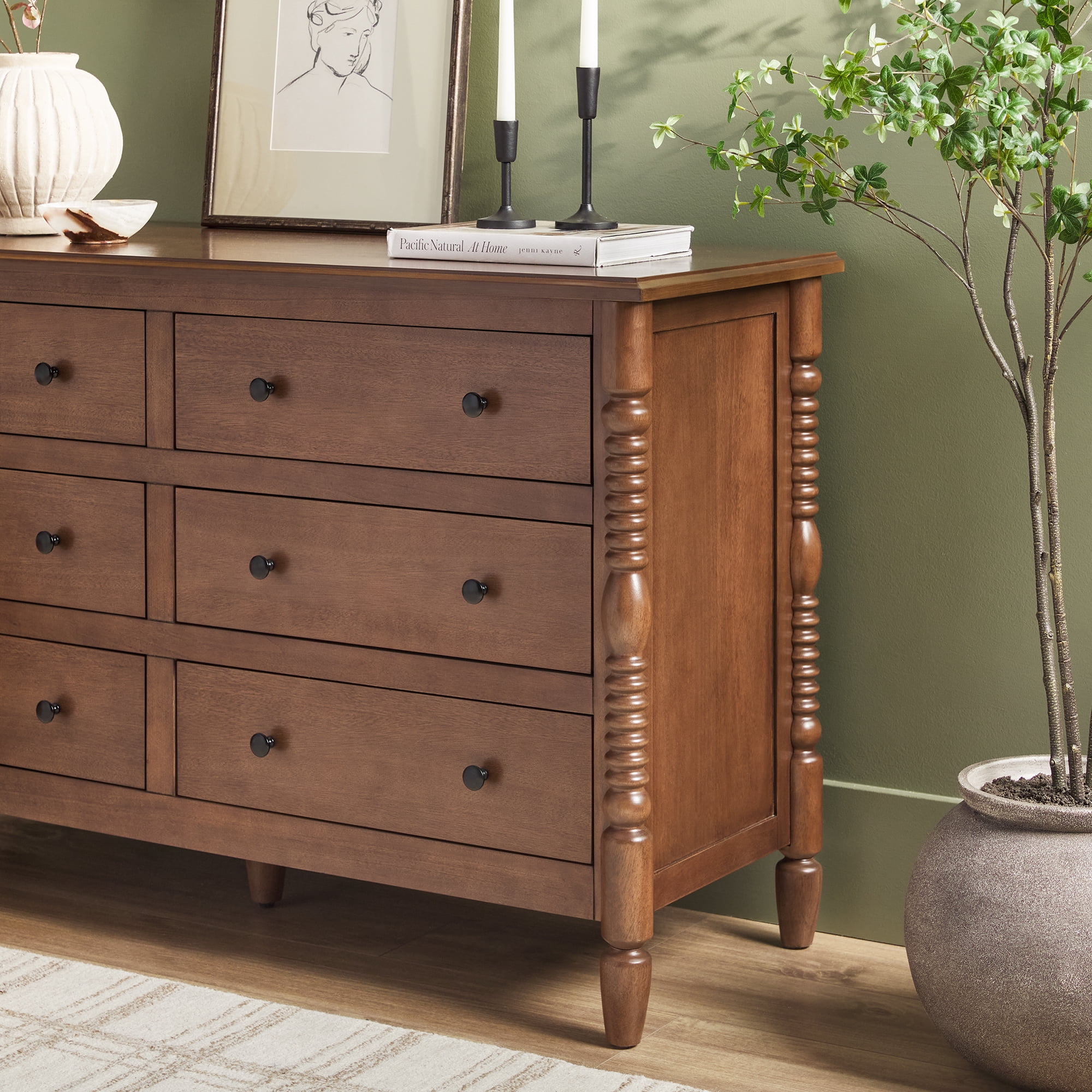 Vivienne Walker Edison Easy Assembly Solid Wood Spindle 6-Drawer Dresser - Dark Brown