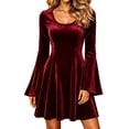 thumbnail image 3 of Mini Dresses for Women Crewneck Flare Long Sleeve Waist Cinched Pleated Flowy Fall Winter Formal Cocktail Party Wedding Guest Dress,Sizes S-3XL, 3 of 9