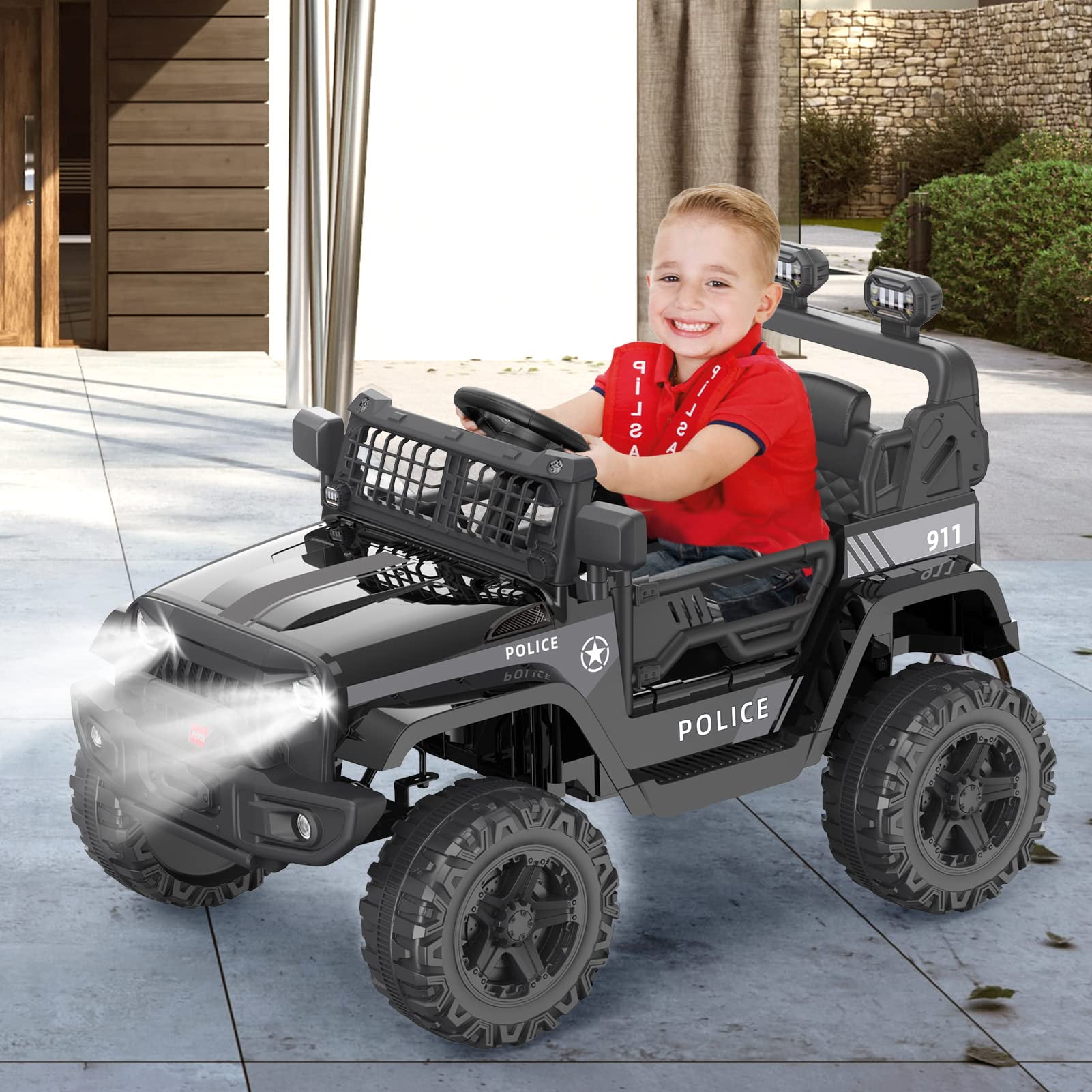 Ride on Truck Car 12V Kids Electric Mini Jeep with Remote Control Spring Suspension, LED Lights, Bluetooth, 2 Speeds (Black)