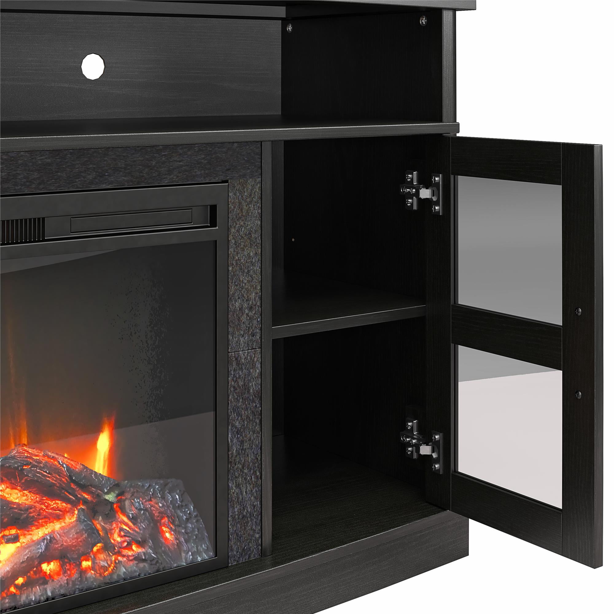 Ameriwood Home Brunswick Bay Fireplace Console with Glass Doors for TVs up to 60", Black Oak