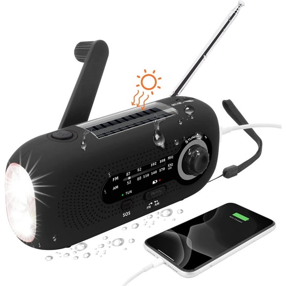 Portable Solar Radio, Dynamo Radio, Solar Radio with SOS Alarm for Emergencies, Small Radio, IPX3 Waterproof Radio, AM/FM Crank Radio, Flashlight 2000mAh Battery (Black)