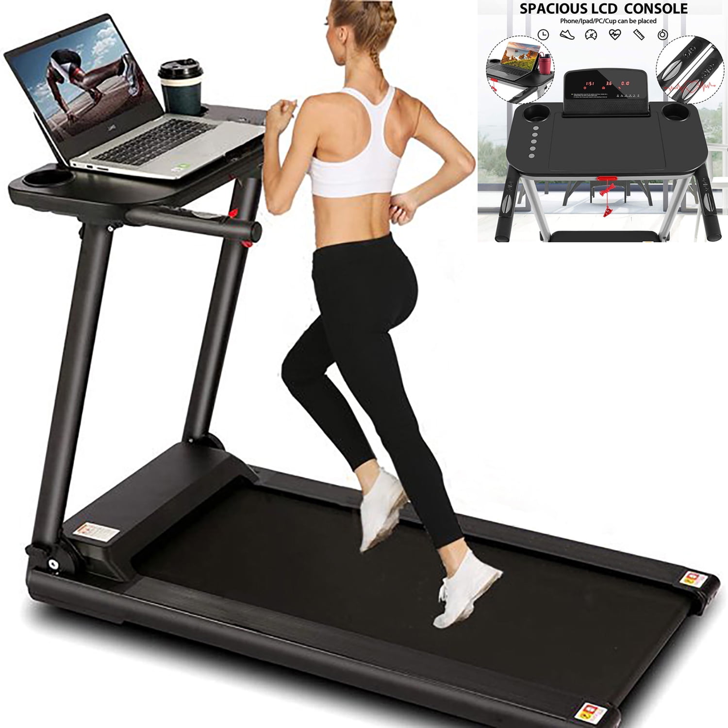 Treadmill with Desk and Large LCD Monitor,Folding Treadmills with Heart Rate & Bluetooth Speaker