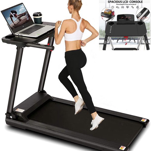 Treadmill with Desk and Large LCD Monitor,Folding Treadmills with Heart Rate & Bluetooth Speaker