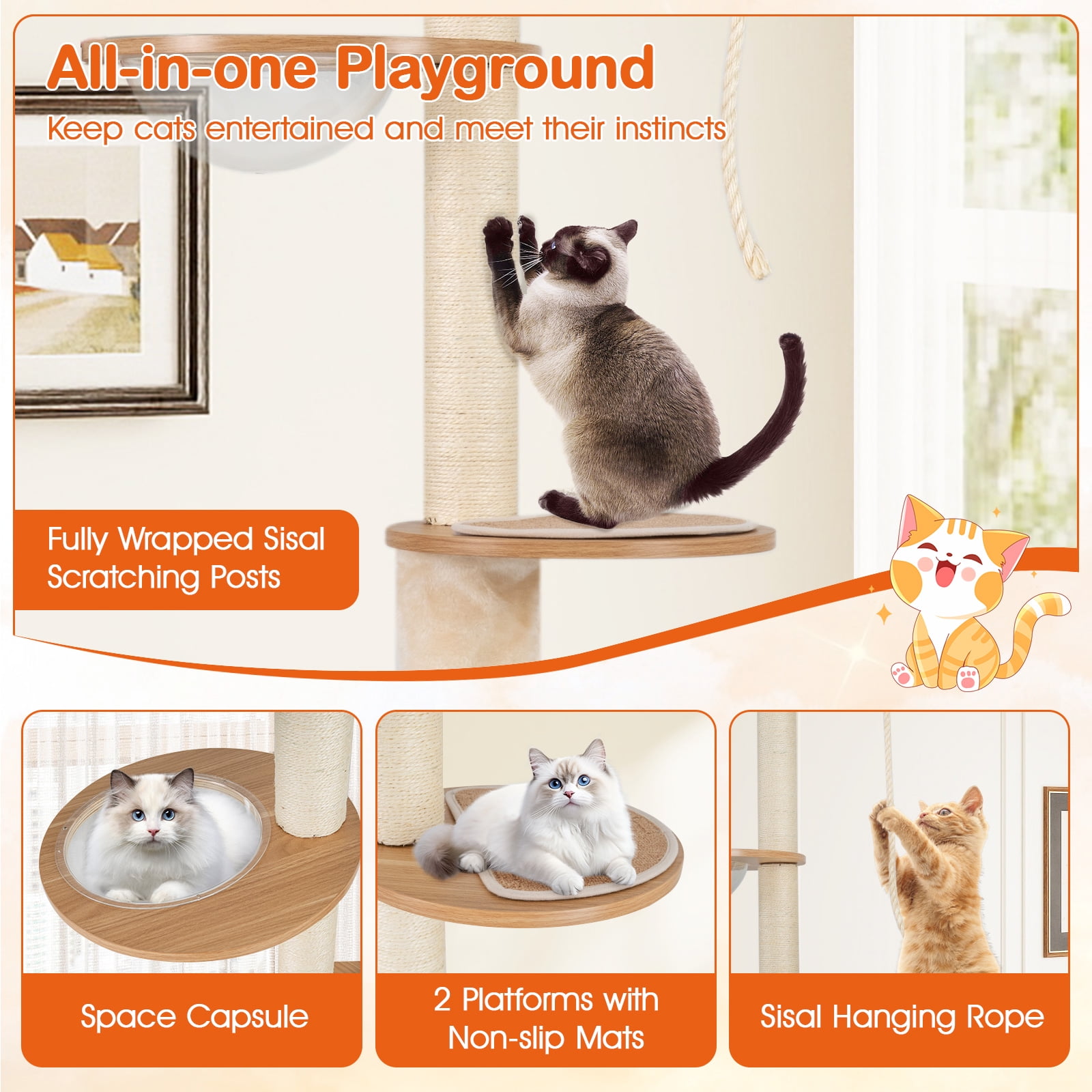 Gymax Floor to Ceiling Cat Tree for Indoor Cats 101''-108.5'' Height Adjustable Tall Cat Tower