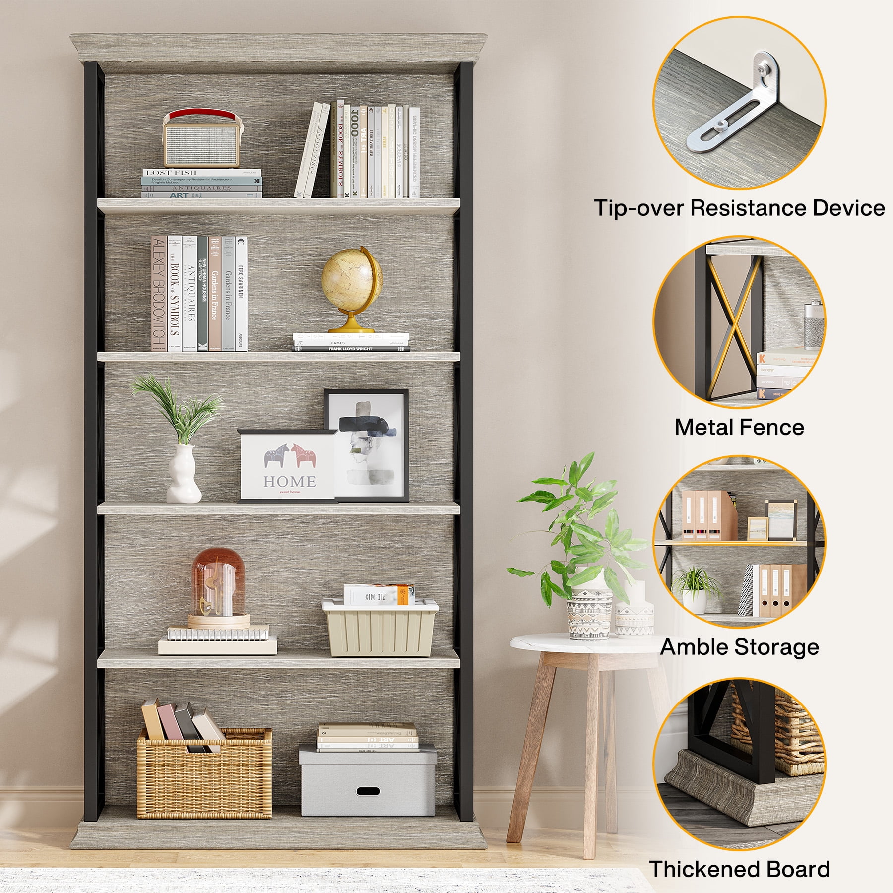 Fnova 71" 5-Tier Tall Bookshelf, Industrial Wood Bookcase with Metal Frame, Floor Standing Display Storage Shelves for Home Office, Living Room, Bedroom