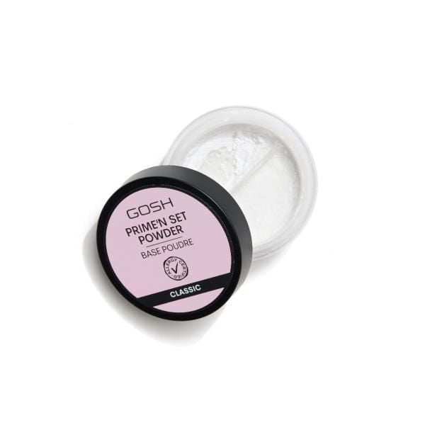 GOSH Prime n Set Powder Classic loose translucent setting powder in a round container with black lid and pink label, used as primer and mattifying setting powder to minimize pores and control shine for a flawless makeup finish.