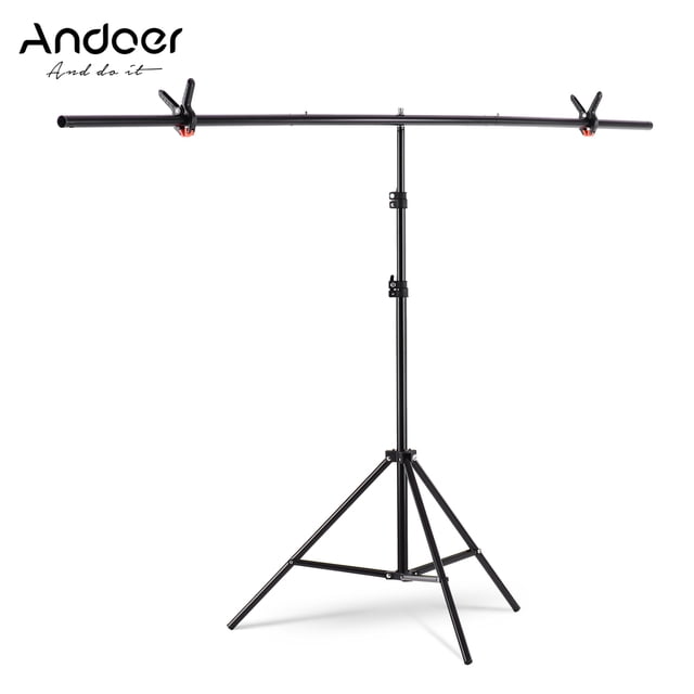 Andoer Support de Toile de Fond en T 2 * 2 M/6,5 * 6,5 Pi, Ensemble de Supports d'Arrière-plan, Matériau en Alliage d'Aluminium, Robuste, Portable, Hauteur Réglable pour Studio Photo et Vidéo, avec Pince à Ressort, Noir