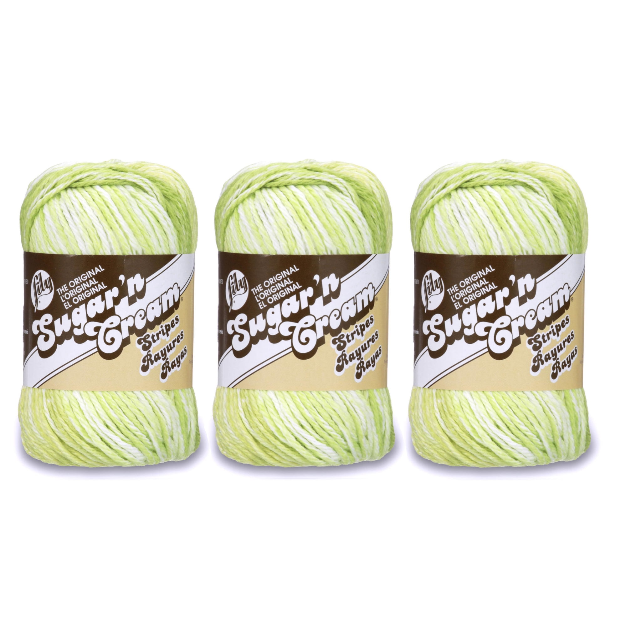 3 Skeins Lily Sugar'n Cream Stripes Yarn, Gauge 4 Medium Worsted, Lime