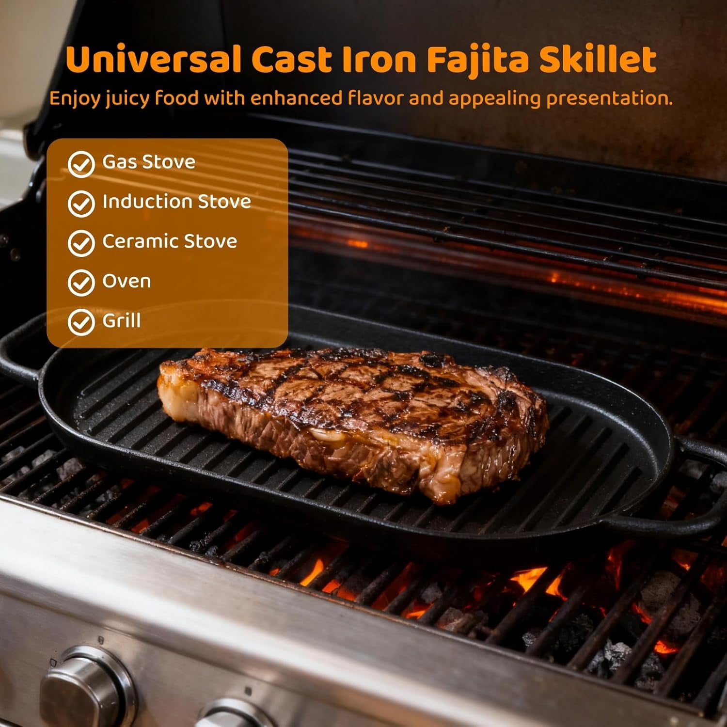 Cast Iron Skillet Set 2 PCS Fajita Plate Sizzling Pan with Wooden Base Removable Handle for Outdoor Grilling BBQ Kitchen Cooking