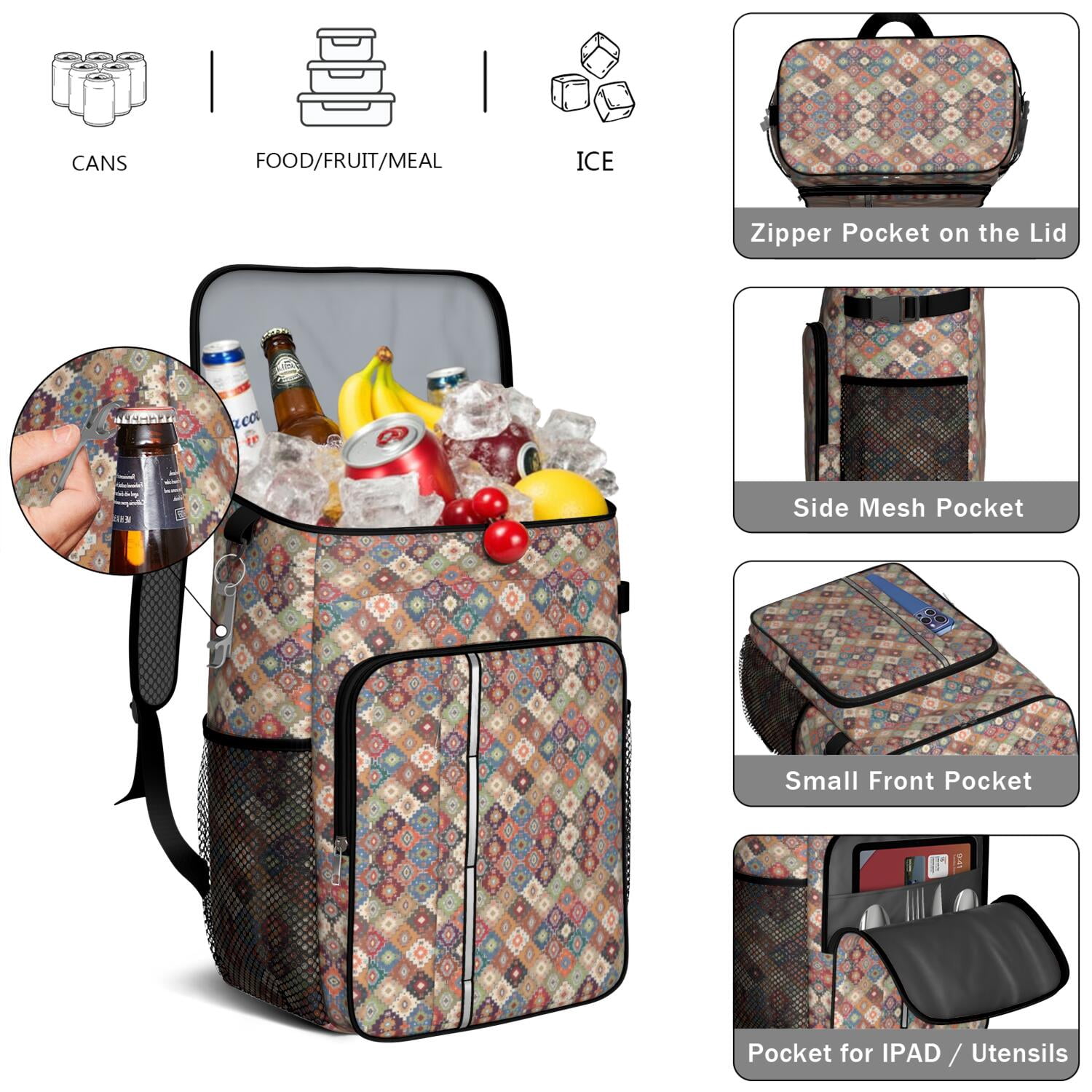 Travel Cooler Bag - Boho Bohemia Flower Camping Beer Cooler Backpack with Bottle Opener- Waterproof Insulated Picnic Backpacks - Cooler Bag for Beach
