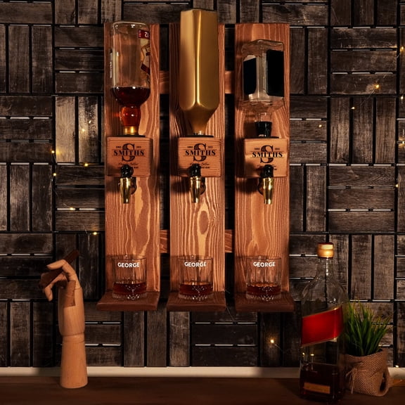 Personalized Wall-Mounted Triple Tap Whiskey Dispenser – Handmade Pine Wood Liquor Pourer Home Bar Gift